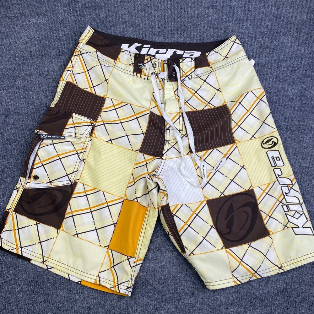Kirra Mens Board Shorts Size 28 Yellow Brown Plaid Patchwork Surf Swim Trunks